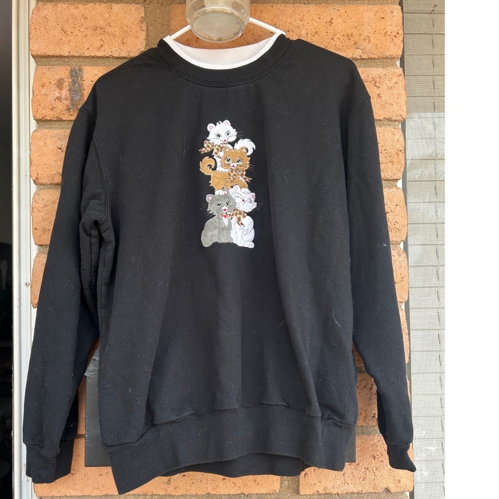 Morning Sun Vintage Black Cat Sweatshirt Embroidered Leopard Bows grannycore
